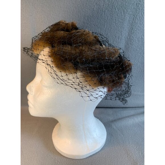 Ladies Black and Mauve Satin Fur and Netting Hat Union Made Vintage - Picture 6 of 10